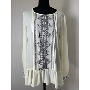 KLD Signature Women's Ruffle Hem Sequin Beaded Embroidered Sheer Blouses Cream L